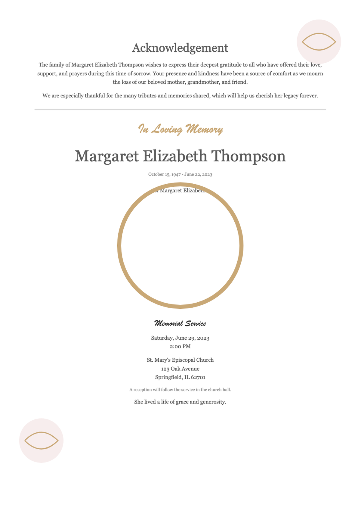 In Loving Memory funeral program with floral design and personal acknowledgment section_variant_3